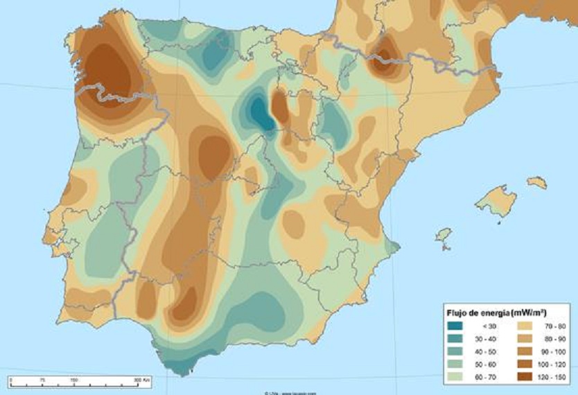 Mapa de flujo de calor en superficie de la península ibérica. Fuente: UVa-www.lacasig.com