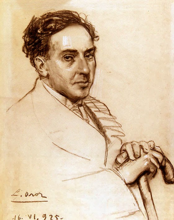 Retrato de Antonio Machado (1875 - 1939), sanguina de Leandro Oroz Lacalle (1883 - 1933). Fondos de la Fundación Ortega y Gasset. Fuente: Wikipedia.