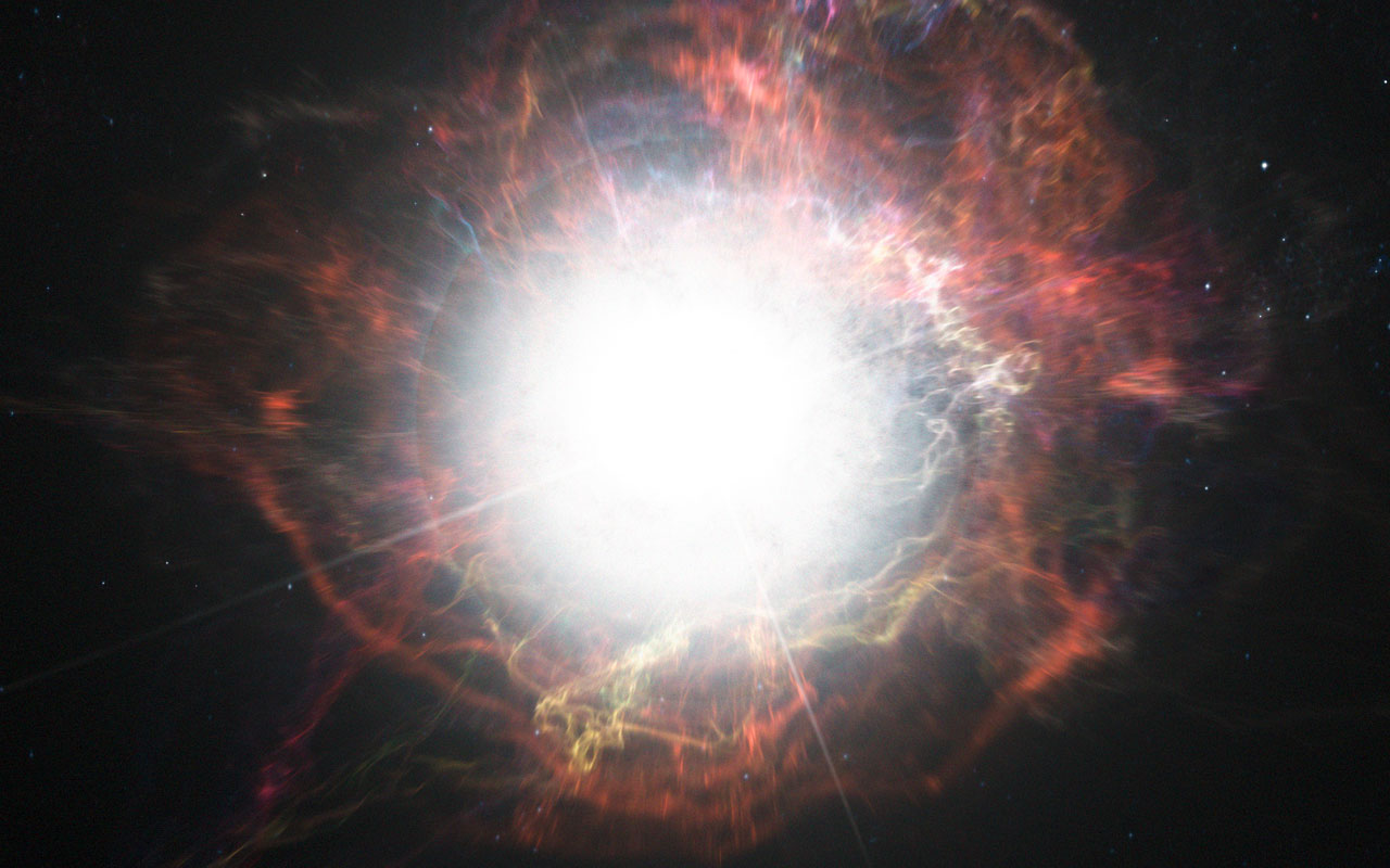 Impresión artística de la formación de polvo alrededor de una explosión de supernova. Fuente: ESO.