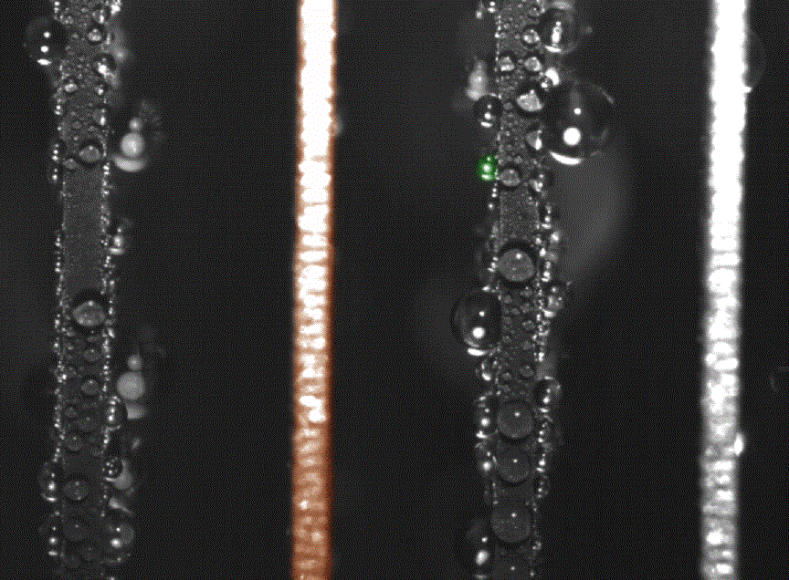 Imágenes captadas a través en alta velocidad muestran un salto de gota (de color verde) de una placa de óxido de cobre superhidrófoba a otra placa hidrófila de cobre (en color naranja).  Imagen cortesía de Nenad Miljkovic y Daniel J. Preston. Fuente: MIT.