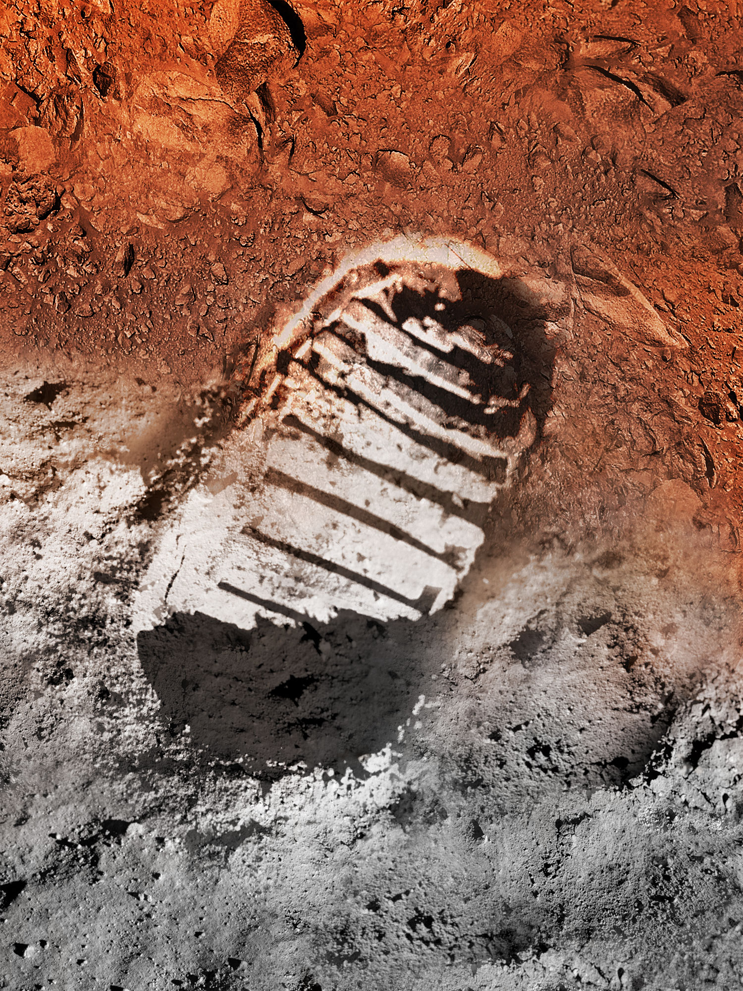 Recreación artística de la primera pisada humana en Marte. Fuente: NASA.