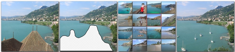 Barcos añadidos a una bahía con imágenes encontradas en Internet por este sofware. Scene Completion.