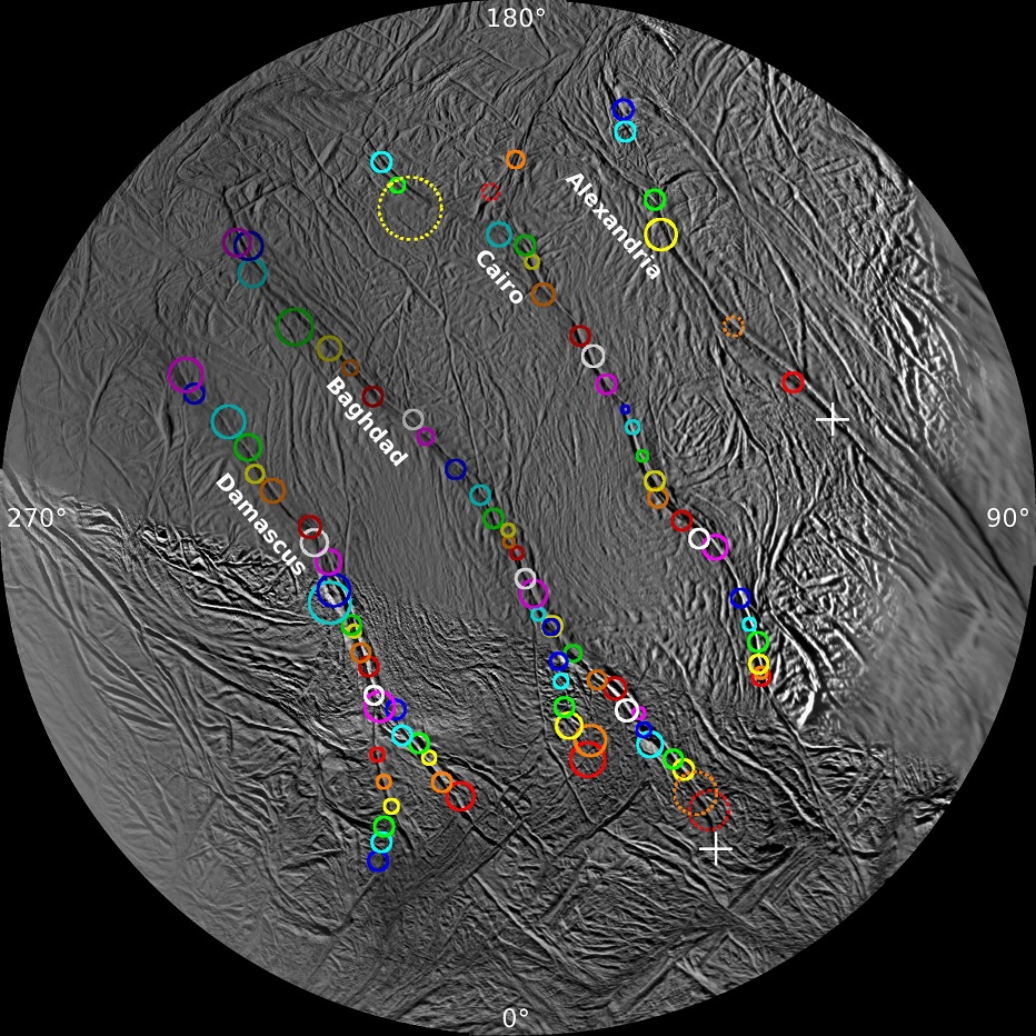 Mapa del terreno polar de Encélado donde se encuentran los géiseres. Fuente: NASA/JPL-Caltech/Space Science Institute.