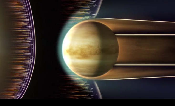 El viento solar (izquierda) se acerca a Venus, cuya ionosfera está a la derecha, con sus dos cilindros huecos. Fuente: NASA.