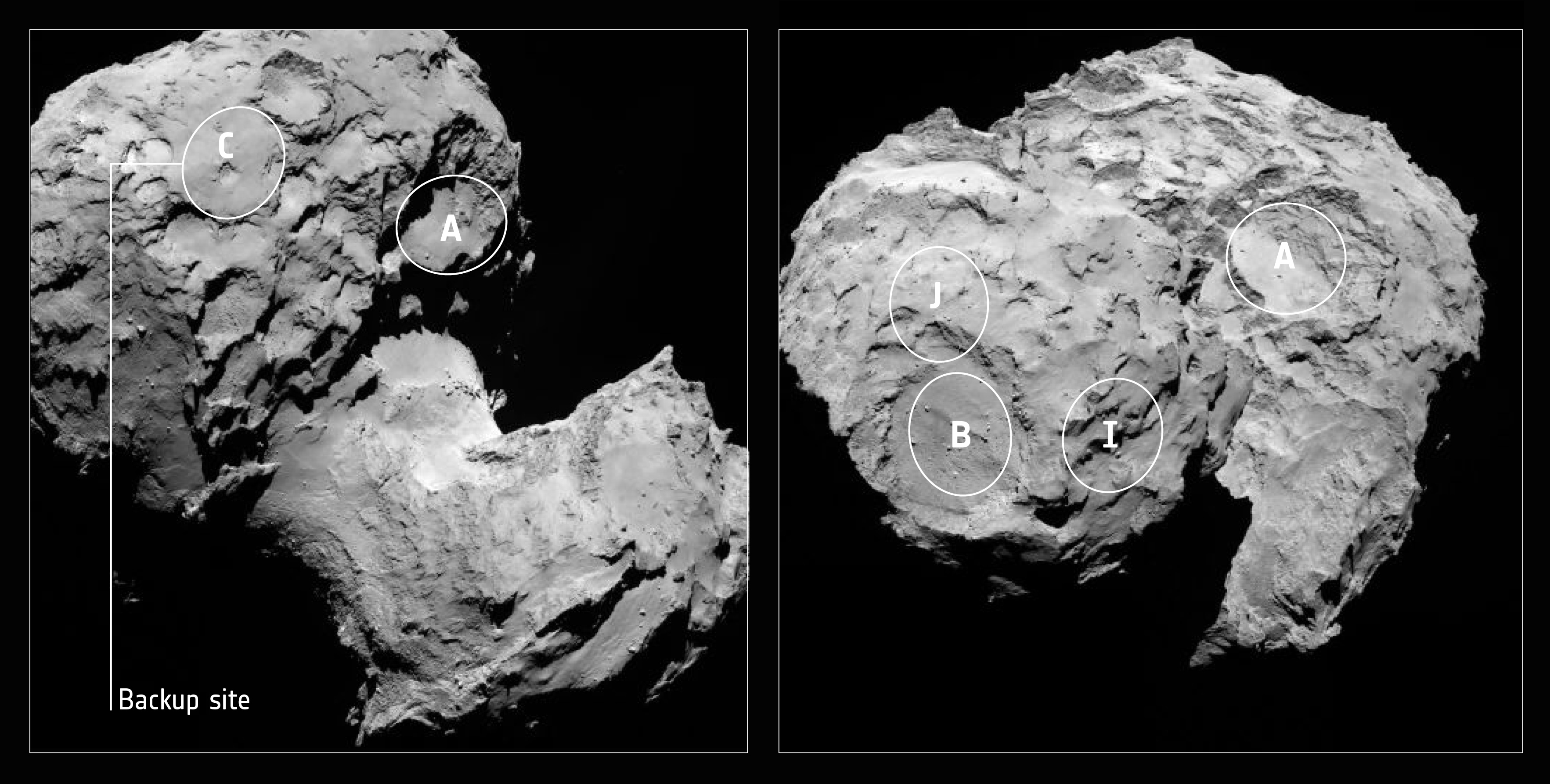 Los cinco candidatos propuestos para el aterrizaje de Philae, el robot de Rosetta. Finalmente, el sitio “J” fue el escogido. Fuente: ESA.