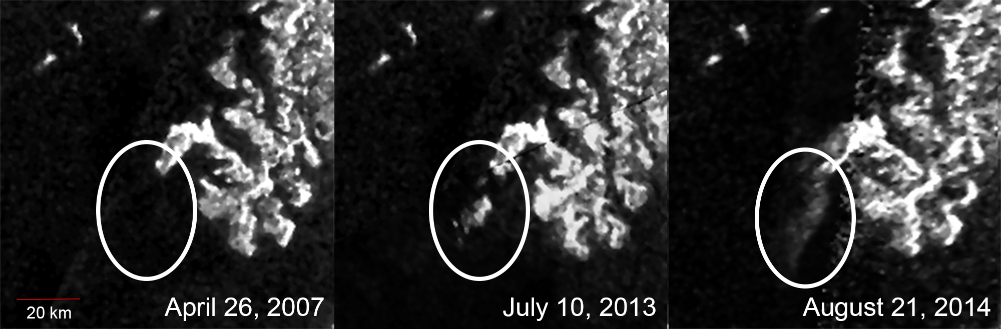 Evolución del rasgo misterioso observado en Titán. De no aparecer en primavera de 2007, a hacerlo en verano de 2013 y 2014. Fuente: NASA/JPL-Caltech/ASI/Cornell.