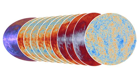 Conjunto de imágenes que muestra: en el centro, las nueve imágenes de todo el cielo en el rango de 30 GHz (izquierda) a 857 GHz (derecha); a la izquierda, una vista combinada de todas las fre cuencias; en el extremo derecho, la imagen de todo el cielo con las anisotropías de la temperatura de la radiación del fondo cósmico de microondas derivada de Planck. Crédito: A&A. Fuente: IAC.