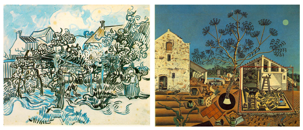 El software vinculó 'Viejo viñedo con mujer campesina' de Van Gogh con 'La Masía' de Miró que, aunque de estilo muy diferente, comparten paisajes y simbolismo. Fuente: Rutgers