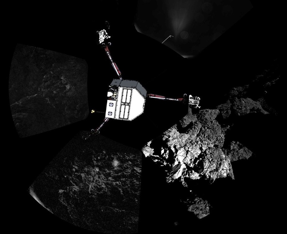 Primera panorámica del cometa tomada por Philae. La ESA ha superpuesto la imagen del cometa en la posición en que se cree que estaba al sacar la foto. Fuente: ESA.