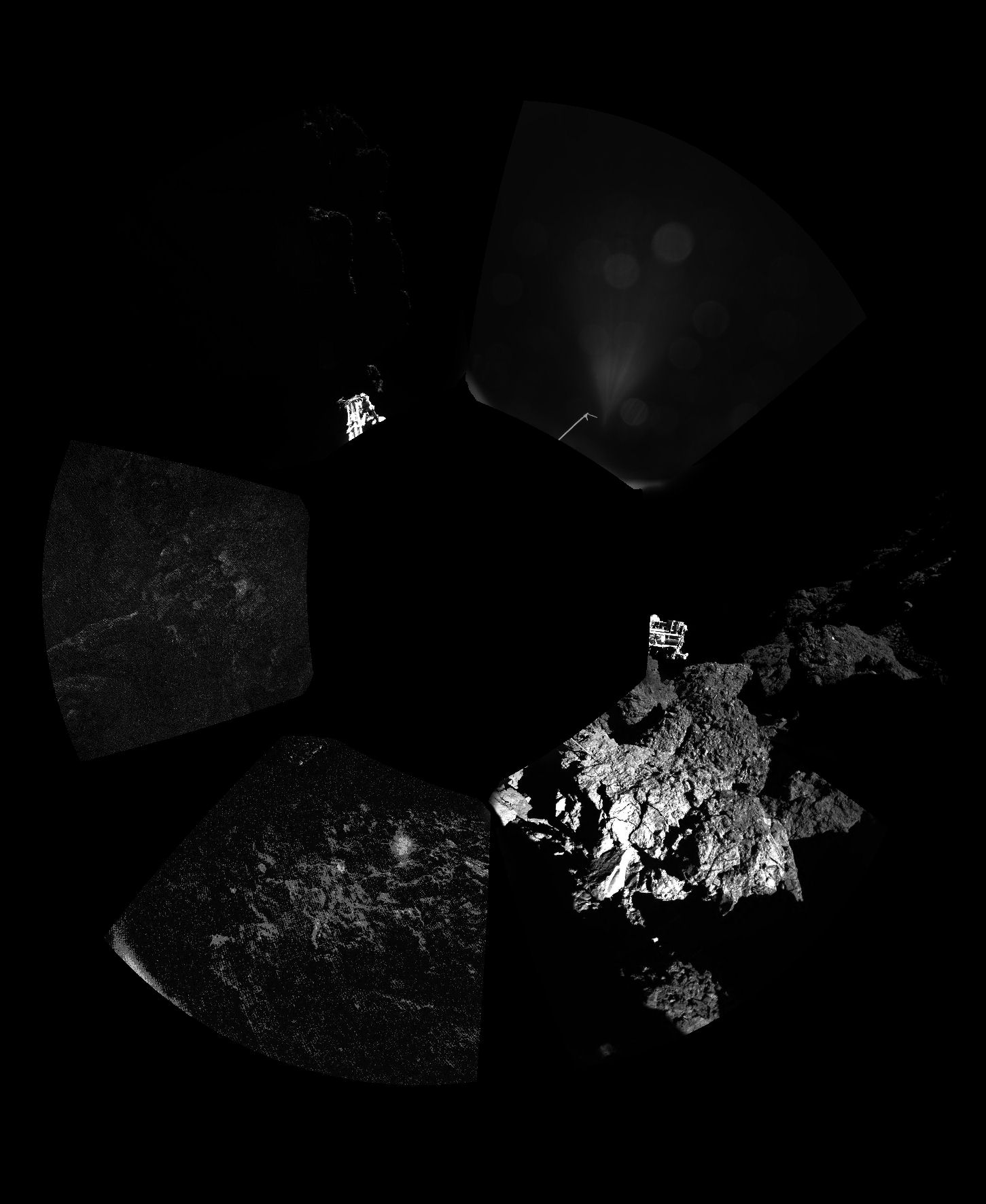 Vista de 360º de la superficie del cometa obtenida por CIVA-P, uno de los sistemas de cámaras de Philae. Fuente: ESA/Rosetta/Philae/CIVA.