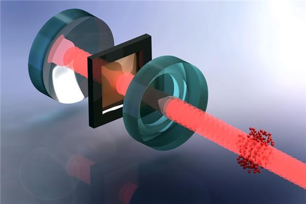 Una nube de átomos ultrafríos (rojo) es utilizada para enfriar las vibraciones de una membrana (marrón, dentro del marco negro). La interacción es generada por un haz de láser y un resonador óptico (espejos azules en sandwich). Imagen: Tobias Kampschulte. Fuente: Universidad de Basilea.