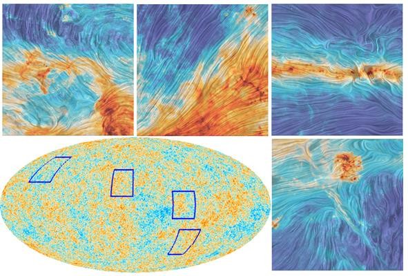 Mapa de temperaturas de la radiación fósil (abajo a la izquierda), y primeros planos que muestran la polarización de la luz en la frecuencia de 353 GHz (los colores corresponden a la intensidad de la emisión térmica del polvo galáctico). Fuente: ESA/Colaboración Planck.