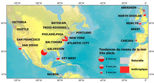 Contribución antrópica mínima en la tendencia del nivel del mar detectada en los mareófragos del Atlántico Norte durante el Siglo XX. Fuente: Mélanie Becker. CNRS. Click sobre la imagen para ampliar.