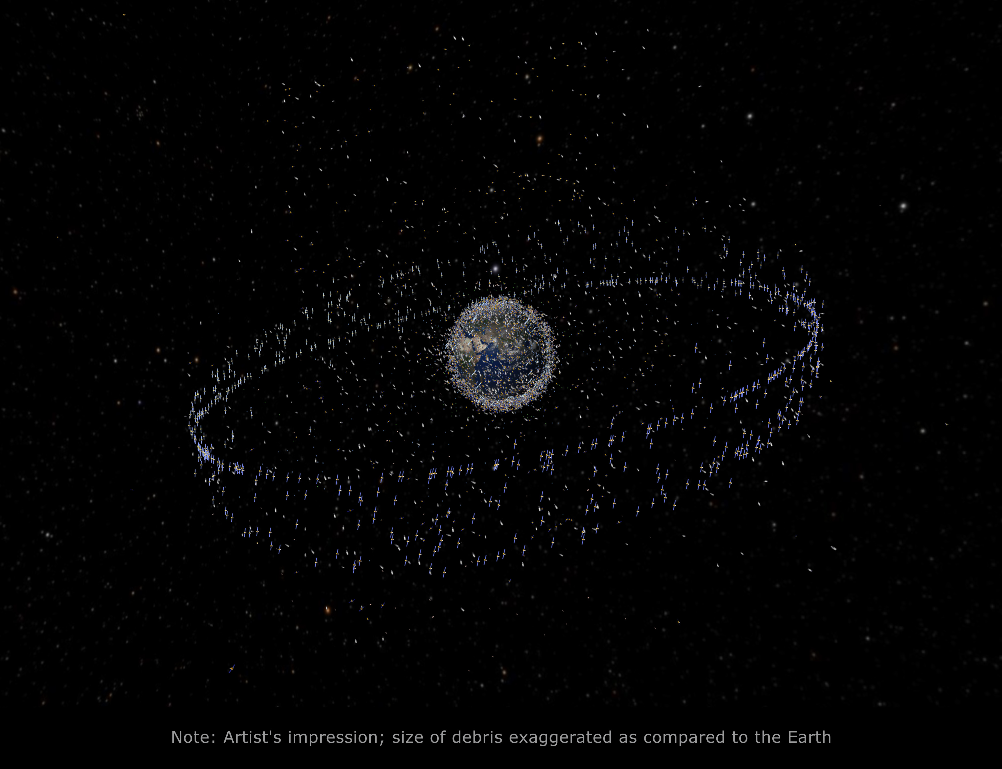 Basura espacial alrededor de la Tierra (impresión artística; el tamaño está exagerado respecto a la Tierra). Fuente: ESA.
