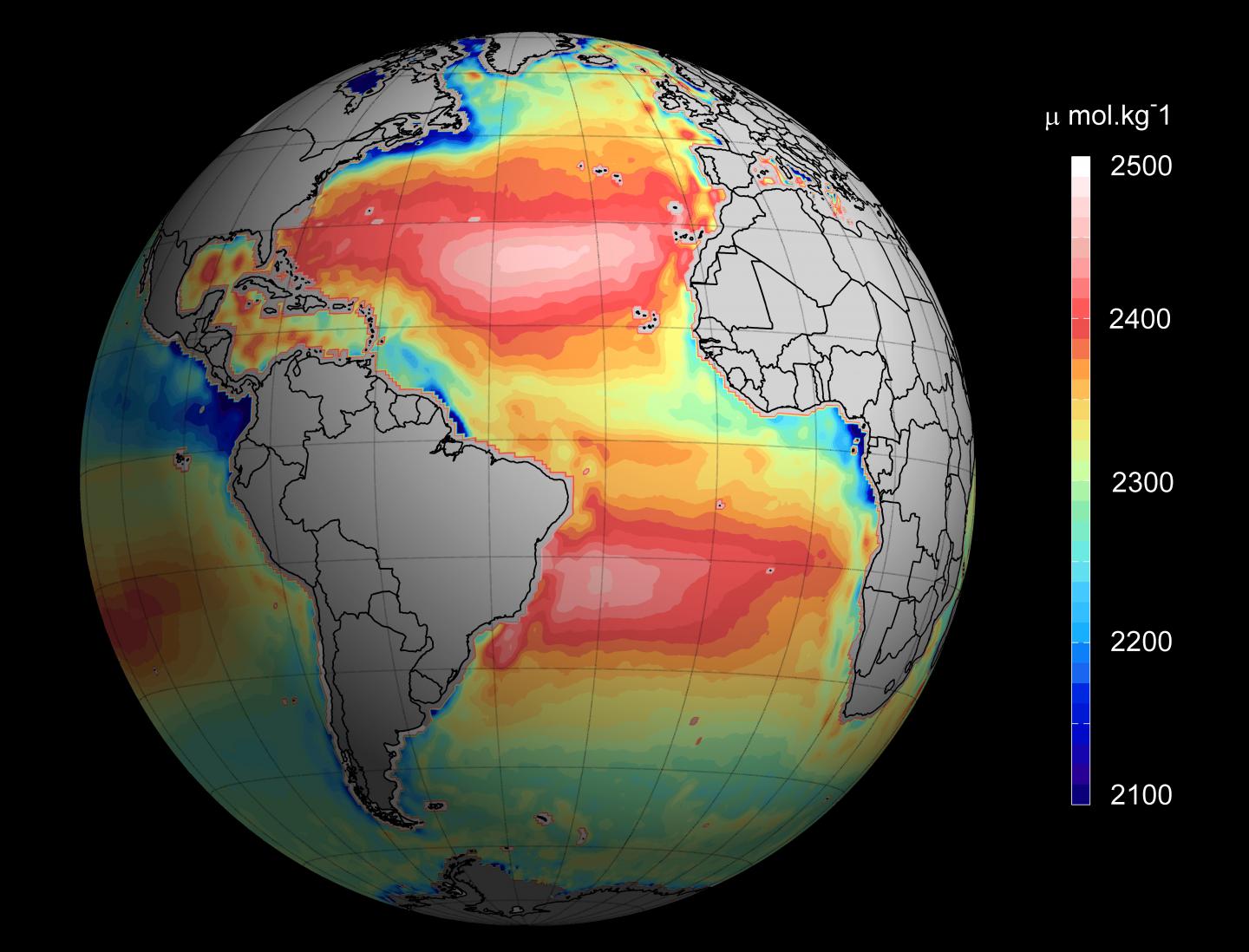 Alcalinidad (capacidad para neutralizar ácidos) total de los océanos, vista desde el espacio. Imagen: Ifremer/ESA/CNES. Fuente: Eurekalert!