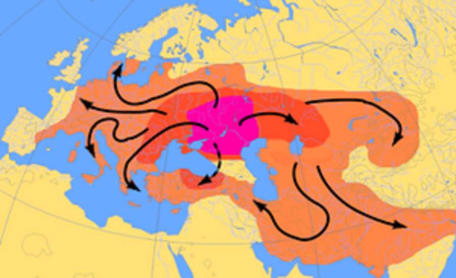 Esquema de las migraciones indoeuropeas desde el año 4.000 a.C. y el 1.000 a.C., según la hipótesis de los kurganes. Imagen: Dbachmann. Fuente: Wikipedia.