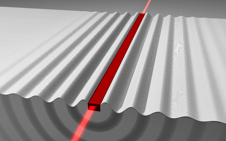 La ilustración muestra la emisión de fonones (ondas sonoras) desde una guía de ondas de escala nanométrica, a medida que las ondas ópticas también fluyen. Fuente: Universidad de Yale.