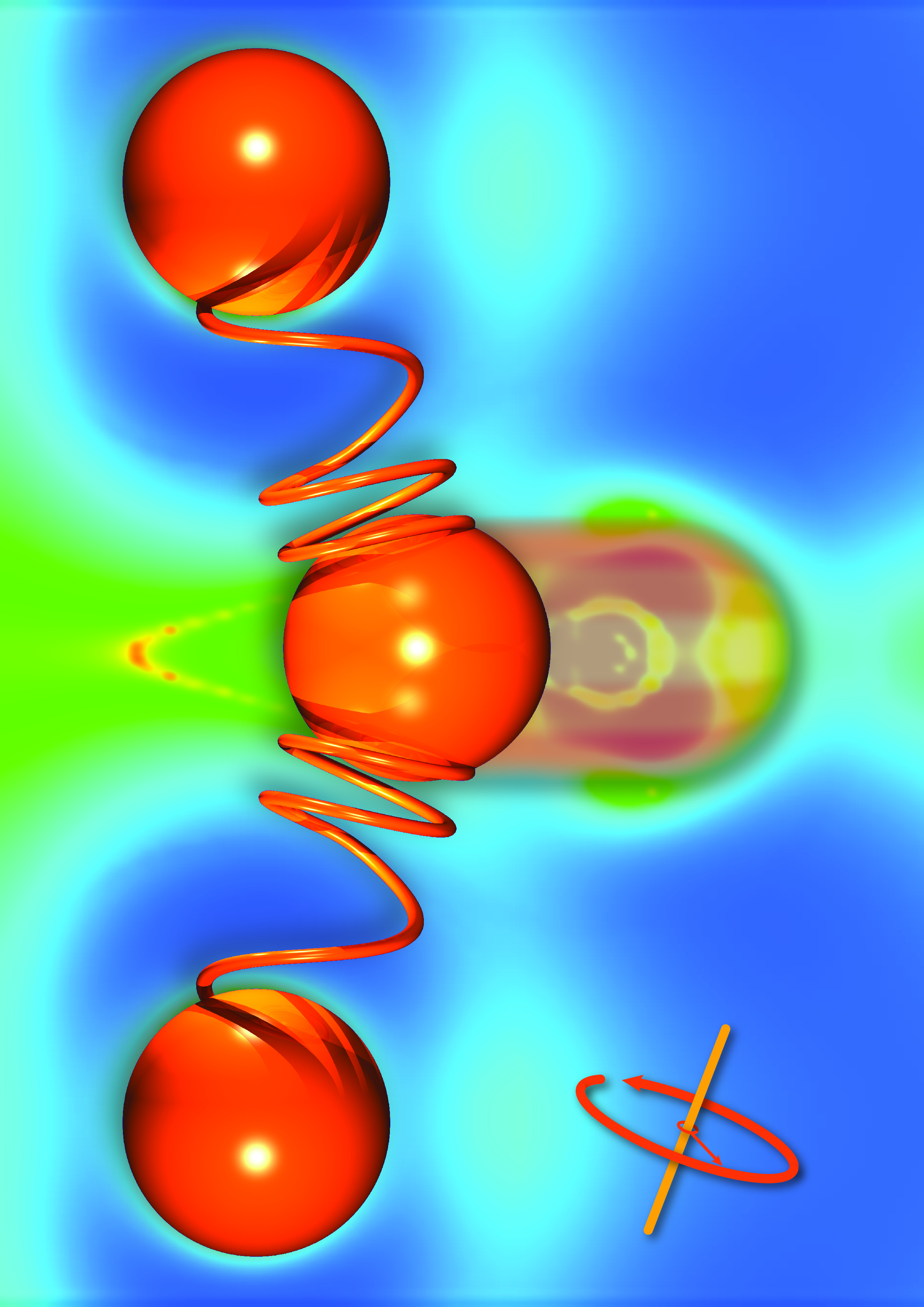 Átomos (en naranja) unidos por enlaces atómicos flexibles (los muelles). Un fonón (el flujo verde de la izquierda) impacta con el átomo central, y transmite calor mediante la vibración de los enlaces. Por otro lado, se induce un campo magnético (en la dirección indicada abajo a la derecha). El experimento demuestra que el campo magnético puede afectar al movimiento de los fonones, y reducir su efecto sobre el material. Imagen: Renee Ripley. Fuente: OSU.