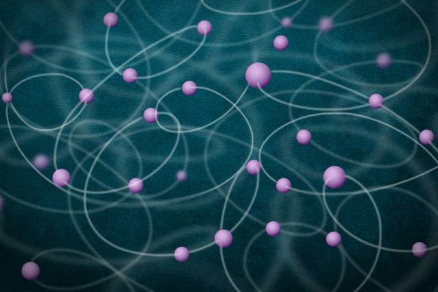 Entrelazamiento de un gran número de átomos (en púrpura). Imagen: Christine Daniloff/Jose Luis Olivares. Fuente: MIT.