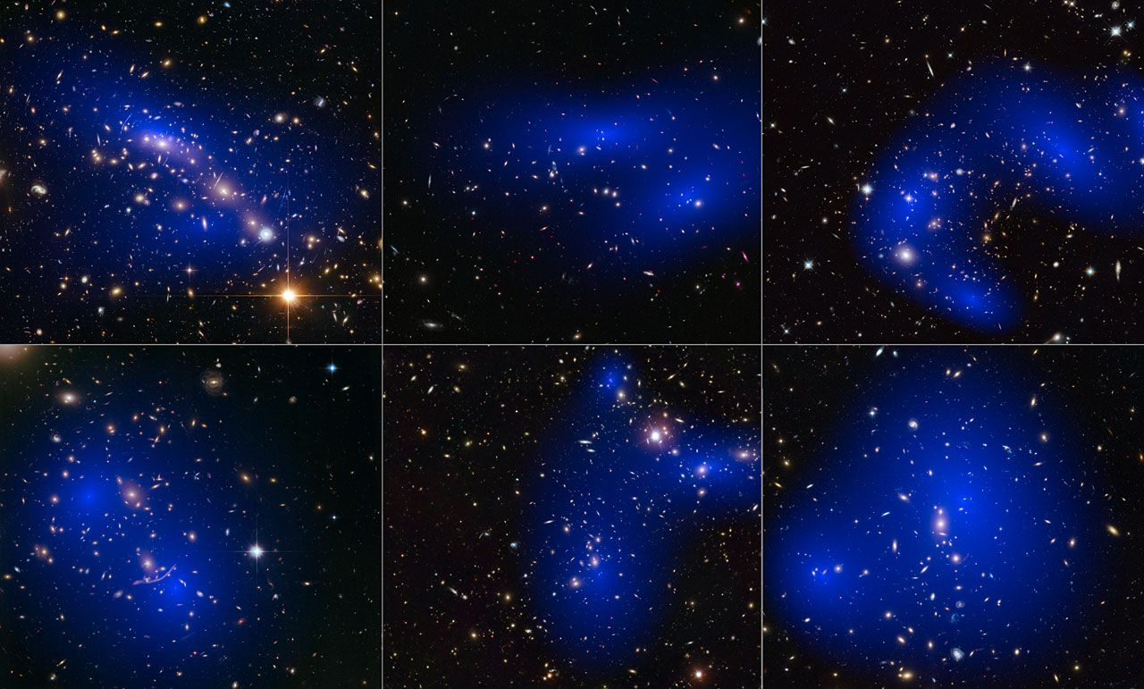 Collage de seis colisiones de cúmulos galácticos con mapas de material oscura. Fuente: ESA.