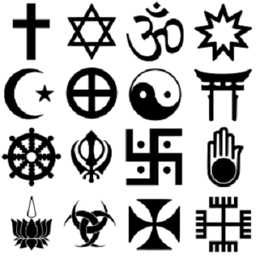 Algunos símbolos religiosos. Comenzando por arriba a la izquierda y siguiendo hacia la derecha: cristianismo, judaísmo, hinduismo, bahaísmo, islam, neopaganismo, taoísmo, sintoísmo, budismo, sijismo, brahmanismo, jainismo, ayyavazhi, wicca, templarios e iglesia nativa polaca. Imagen: «ReligijneSymbole» de First version: Ratomir Wilkowski, convert to SVG: Cpicon92, Actual: Szczepan1990 - Trabajo propio. Disponible bajo la licencia CC BY-SA 3.0 vía Wikimedia Commons.