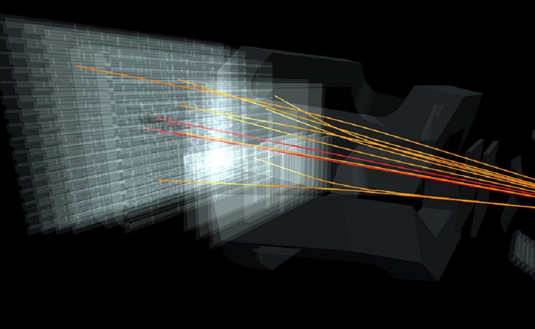 Recreación de colisiones entre partículas subatómicas en el experimento LHCb. Fuente: Fermilab.