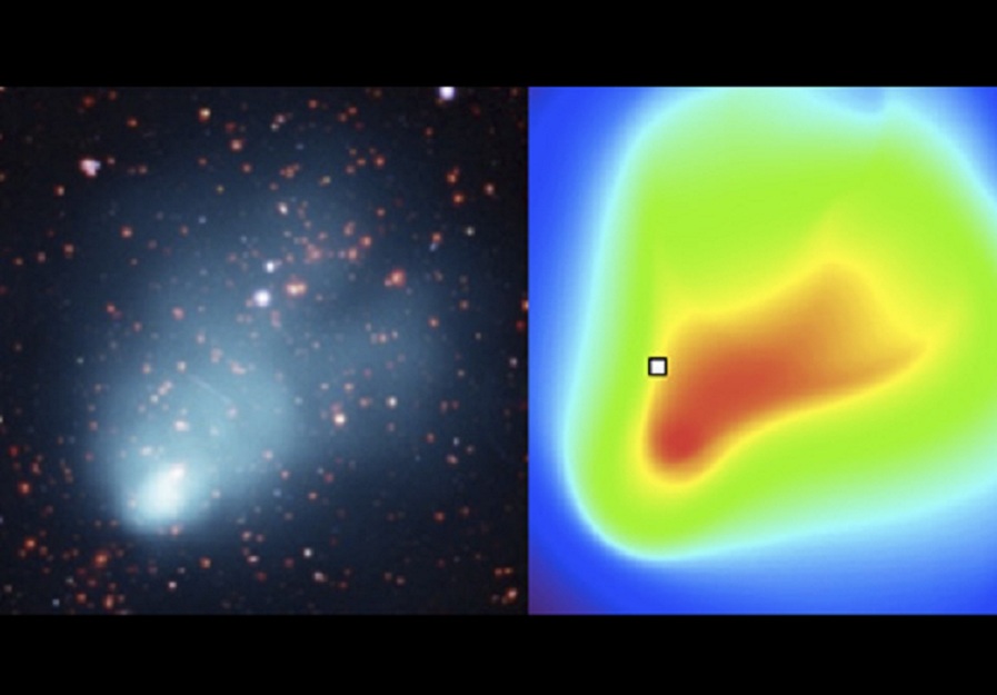 Imagen comparativa de los datos (imagen de las múltiples galaxias y el gas emisor de rayos X, izquierda) con el modelo de gas caliente (derecha). La forma de "cometa" de los datos de rayos X está bien reproducida por el modelo. Fuente: UPV/EHU.