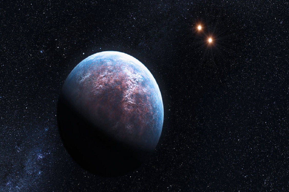 Recreación artística de Gliese 667 Cc, un exoplaneta con un Índice de similitud con la Tierra de 0'84, orbitando en torno a su estrella. Imagen: L. Calçada/ESO. Fuente:  Wikimedia Commons.