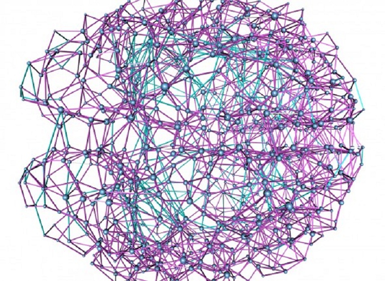 Krioukov y sus colegas han descubierto que la estructura del cerebro humano tiene una red casi ideal de conexiones (en magenta), lo que permite una transmisión óptima de información entre las regiones cerebrales. Fuente: Universidad North¬eastern.