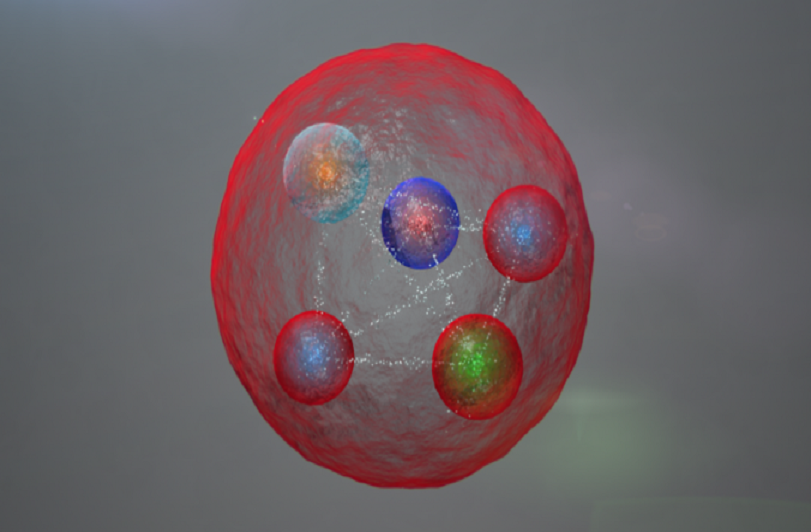 Una de las posibles disposiciones de los cinco quarks en el nuevo estado ligado observado por el experimento LHCb. Imagen: CERN/LHCb Collaboration. Fuente: Sinc.