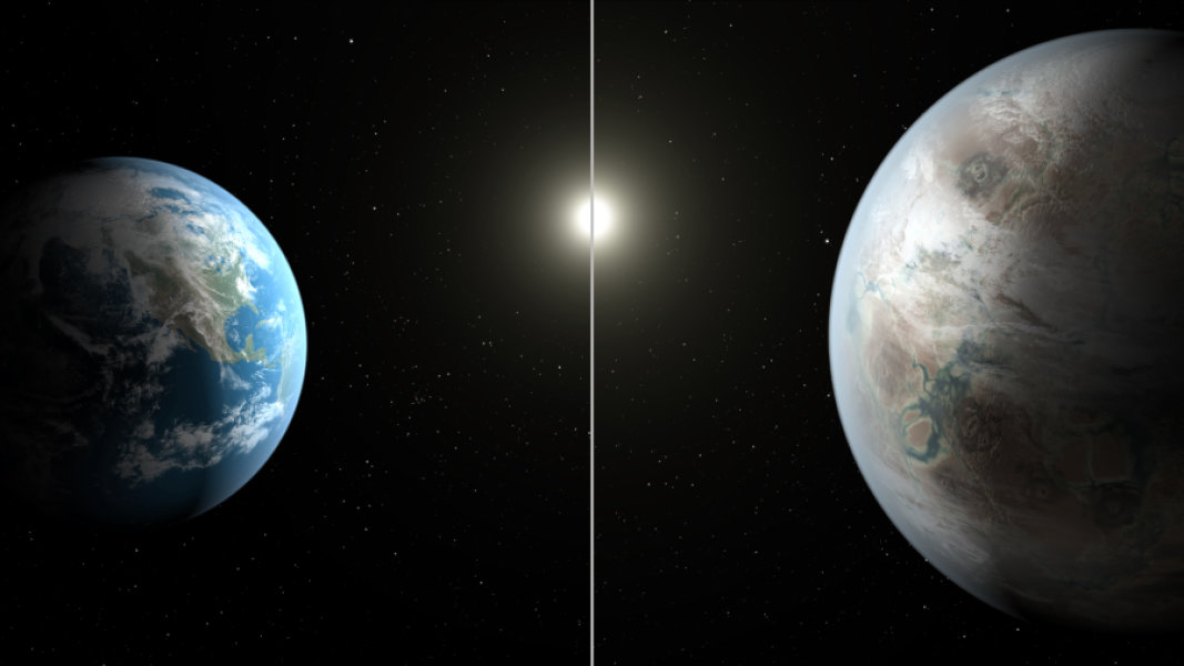 Comparación del tamaño de la Tierra y del tamaño de Kepler-452b. Imagen: NASA/JPL-Caltech/T. Pyle.
