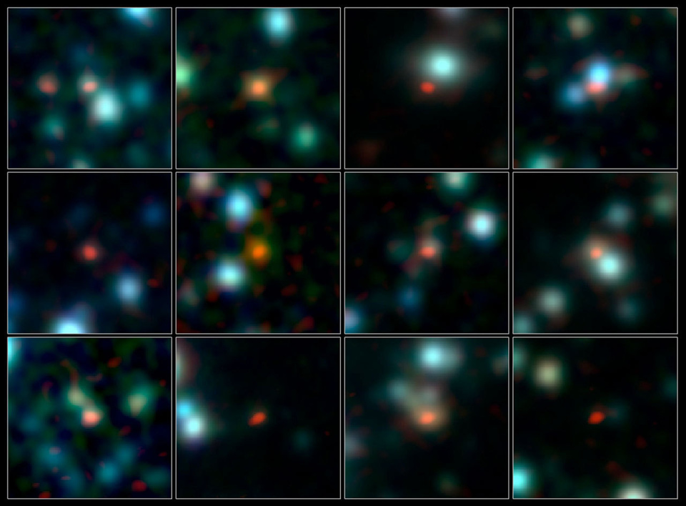 En rojo, estallidos de formación estelar correspondientes a diversas galaxias captadas en otras observaciones. Fuente: ESO.