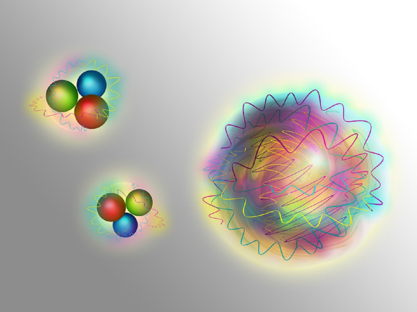 Los nucleones (izquierda) consisten en quarks (partículas de materia) y gluones (partículas de fuerza). Las bolas de gluones están hechas solo de gluones. Fuente: Universidad Técnica de Viena.
