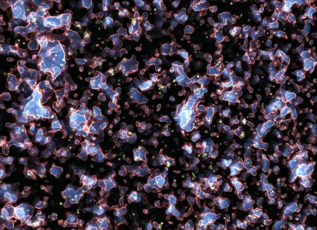 Galaxias durante la era de reionización en el universo temprano (simulación). Imagen: M. Alvarez, R. Kaehler, y T. Abel. Fuente: ESO/ Disponible bajo la licencia CC BY 4.0 vía Wikimedia Commons.