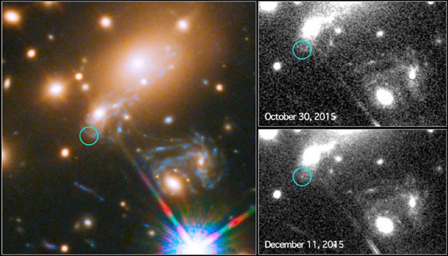 Imagen de la explosión de la supernova, que reapareció el 11 de diciembre (imagen inferior derecha). Fuente: Universidad de Cantabria.