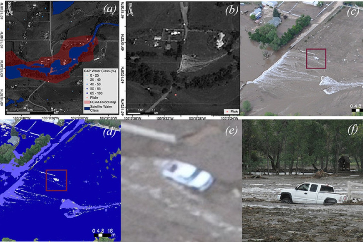 A y B son imágenes de satélite de una carretera inundada en Colorado. C es una imagen de la Patrulla Civil Aérea; D es C después de ser analizada en busca de píxeles de agua; E, un plano corto de C; y F, el vehículo de la foto, en Flickr. Imagen: G. Cervone. Fuente: Penn State.