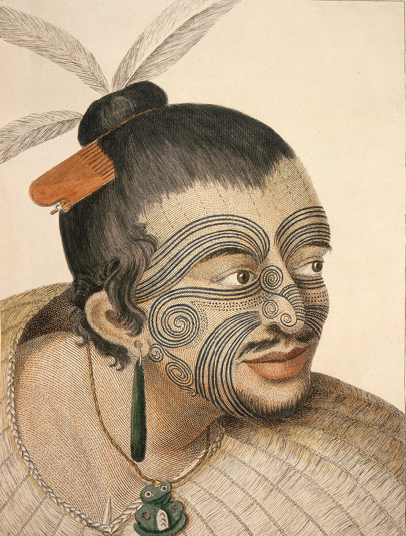 Tā moko en rostro de maorí del siglo XVIII. Imagen: Parkinson, Sydney, 1745-1771. Fuente: Wikimedia Commons.