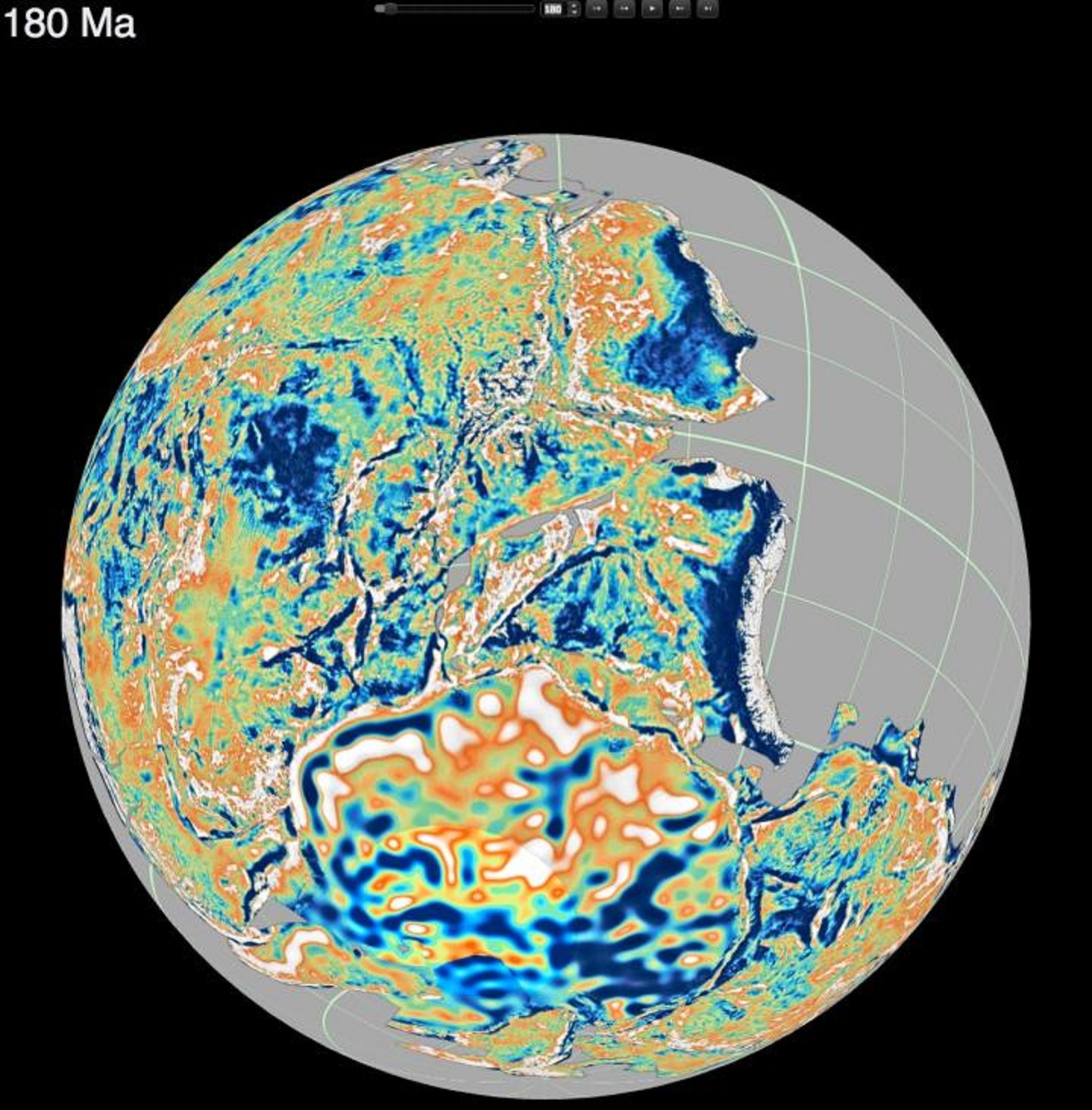 Reconstrucción del supercontinente Pangea hace 180 millones de años. Fuente: portal.gplates.org.