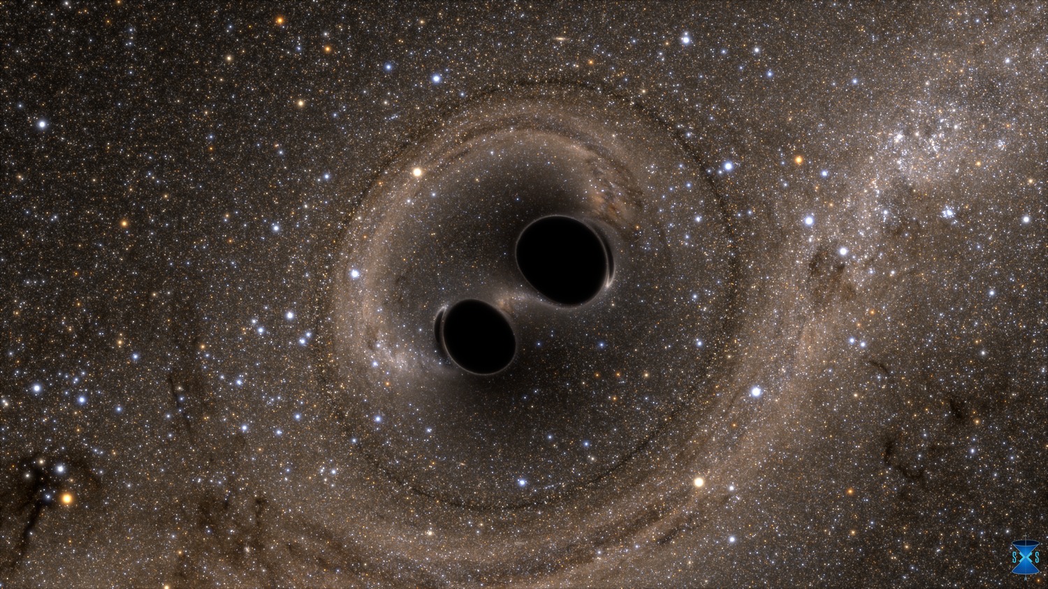 Simulación del choque de dos agujeros negros. Fuente: LIGO.