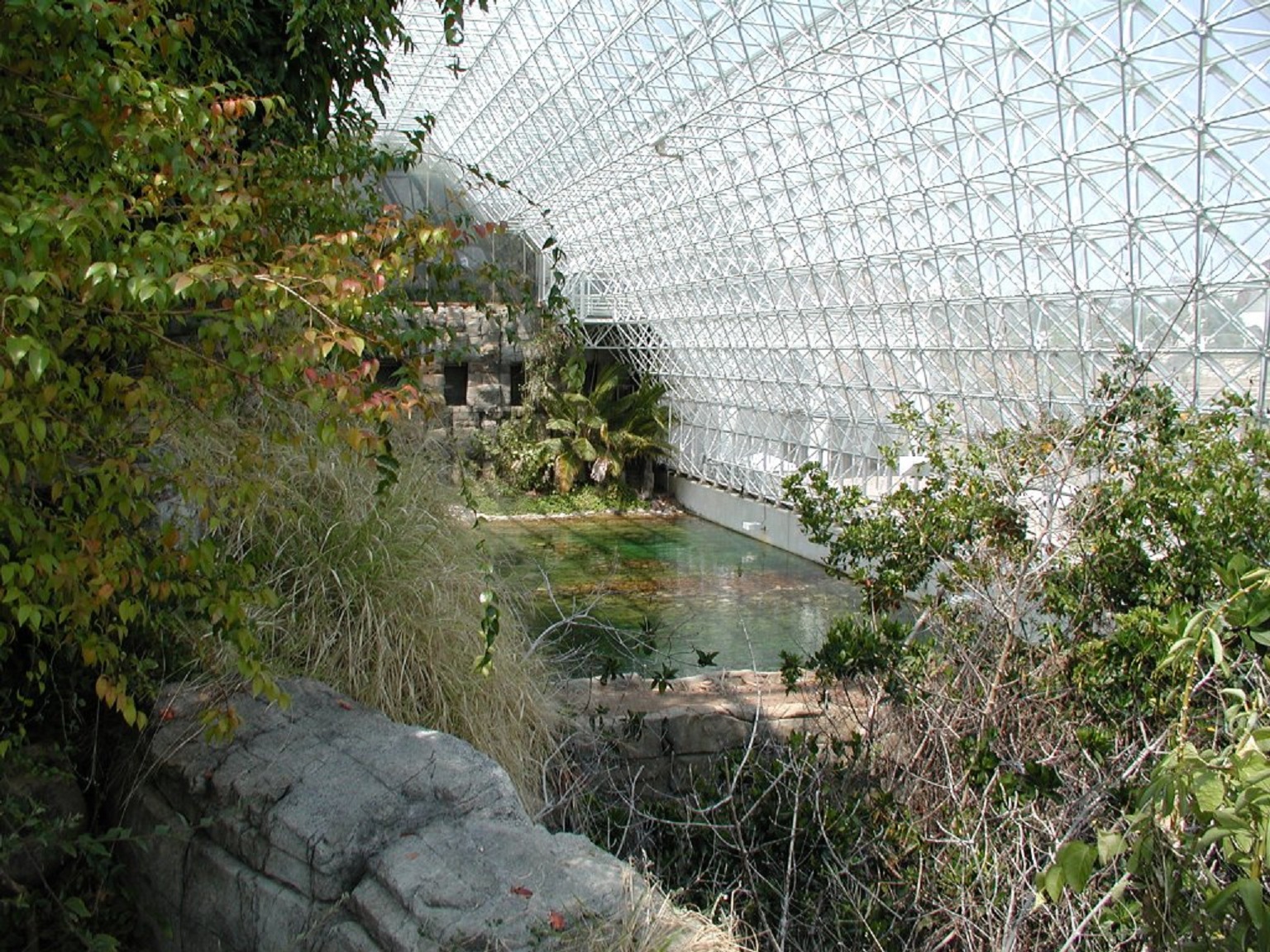 Biosphere2 por dentro. La vista corresponde a la sabana (en primer plano) y el océano (al fondo). Fuente: Wikipedia.