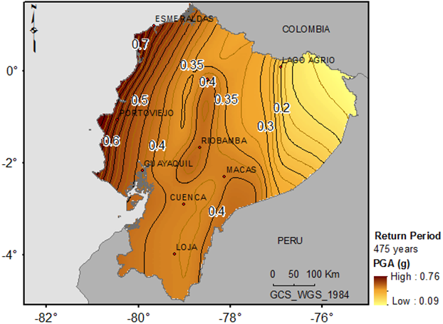 Mapa de peligrosidad sísmica del Ecuador en términos de PGA obtenidos en la tesis doctoral  referenciada para períodos de retorno de 475 años, equivalente al movimiento esperado con 10 % de probabilidad de excedencia en 50 años.