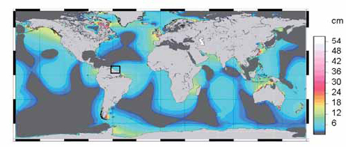 Mapa del impacto de las mareas en el nivel oceánico a nivel mundial.  Adaptación del trabajo de B. Simon. IRD. (Pinchar para ampliar)