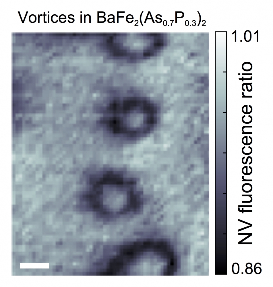 Imagen por magnetometría de nitrógeno-vacante de vórtices formados por enfriamiento de la muestran en su transición a superconductividad. Fuente: UCSB.