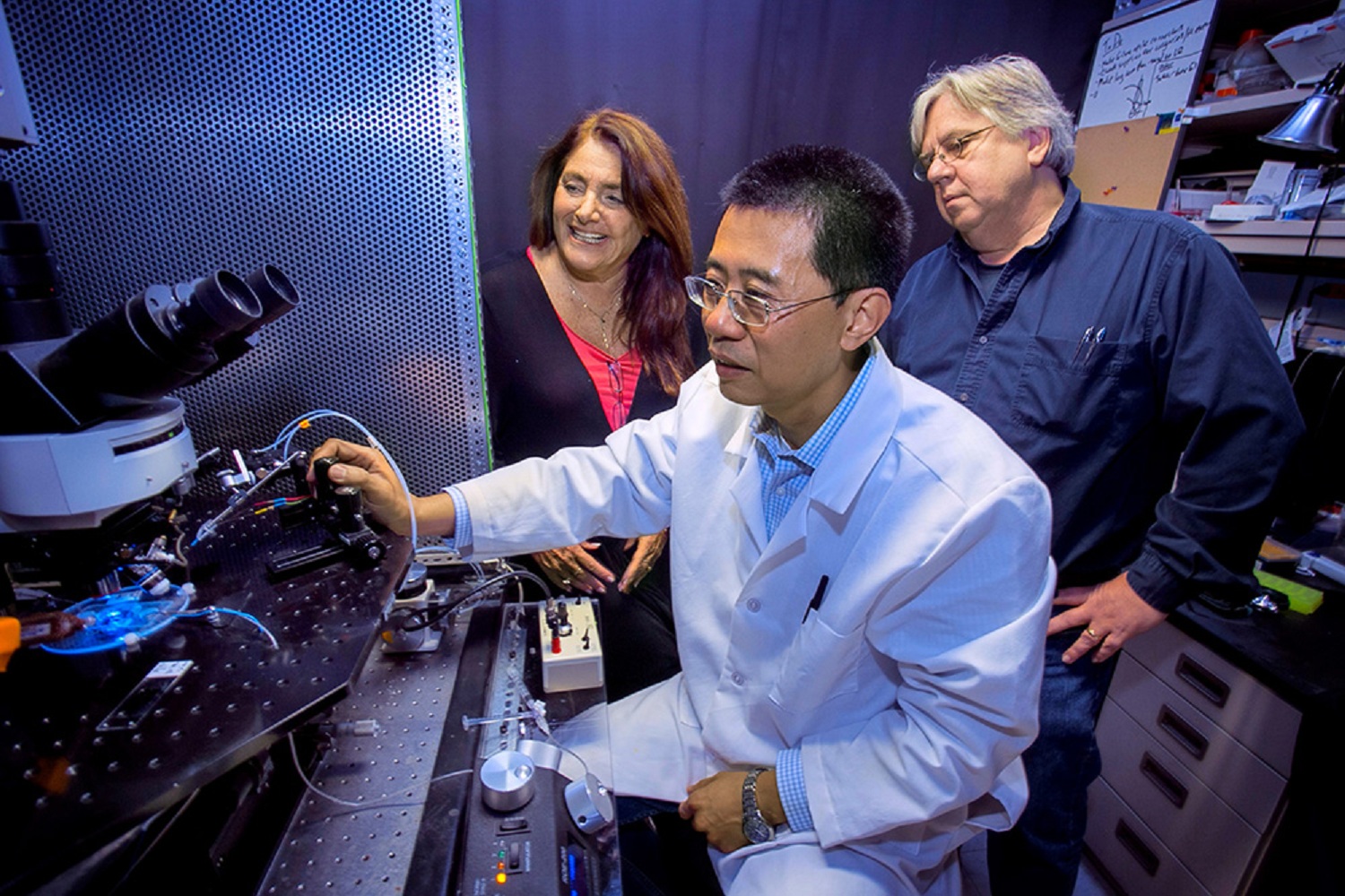 El equipo: Li Jiang (al microscopio), Lorna Role y David Talmage. Fuente: Universidad de Stony Brook.