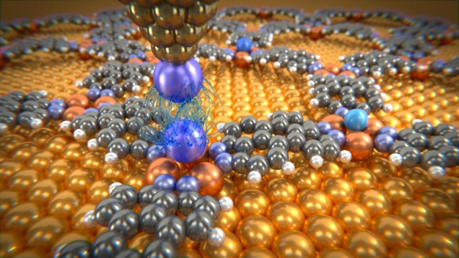 Átomos de gas noble depositados en una red molecular, analizados con la punta de un microscopio, a la que se ha añadido un átomo de xenón. Las mediciones han proporcionado información sobre las débiles fuerzas de van der Waals entre estos átomos individuales. Fuente: Departamento de física de la Universidad de Basilea.