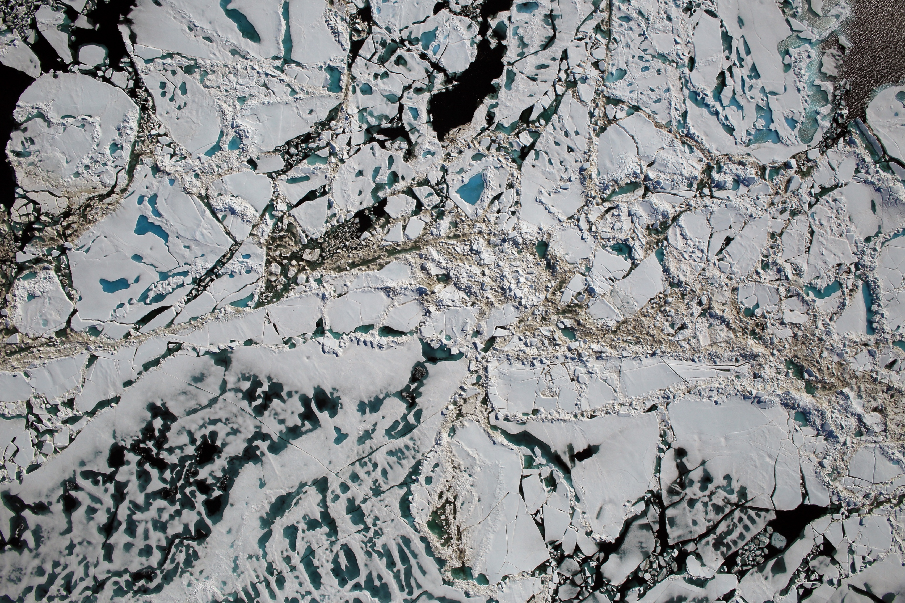 Trozos de hielo marino, estanques de fusión y aguas abiertas, vistas desde 450 metros el pasado sábado. Fuente: NASA/Goddard/Operación IceBridge.
