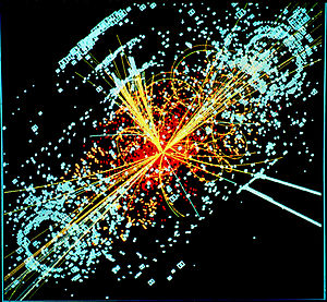 Una traza hipotética del bosón de Higgs en una colisión simulada de protón-protón. Imagen: CERN. Fuente: Wikipedia.